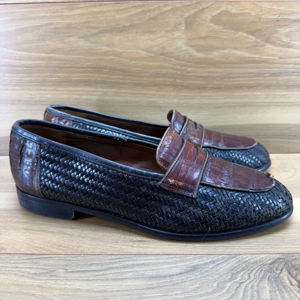 Belvedere Crocodile Woven Penny Loafers Mens 8.5 M Brown Black Slip On Modern